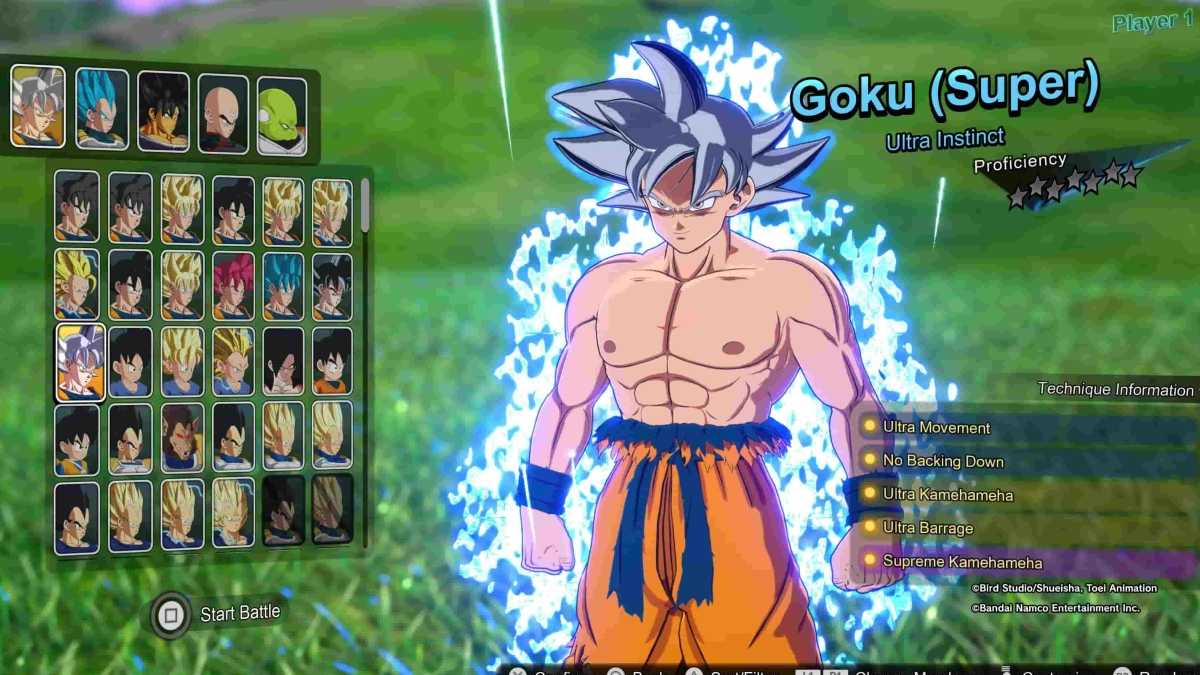 Ultra Instinct Goku in the character select screen. Dragon Ball Sparking Zero