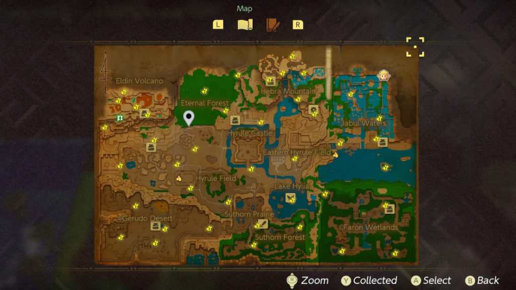 The location of the cave containing the Heart Piece at the edge of Hyrule Field and the Eternal Forest in Echoes of Wisdom