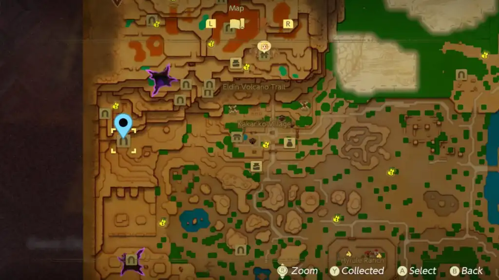 The location of the cave containing a Heart Piece in East Hyrule Fields within Echoes of Wisdom