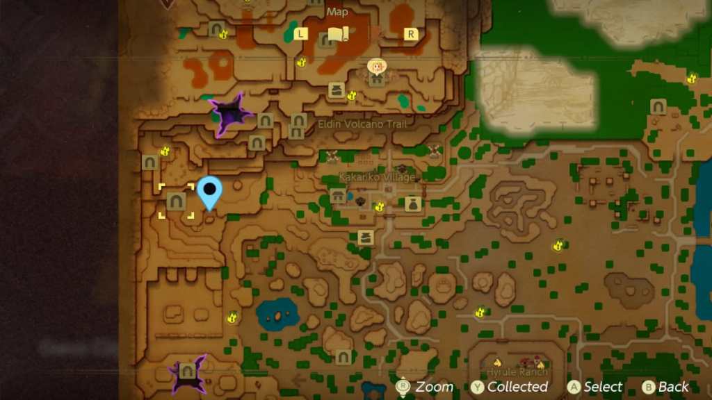 The location of the Piece of Heart hidden beneath a boulder in East Hyrule Field in Echoes of Wisdom