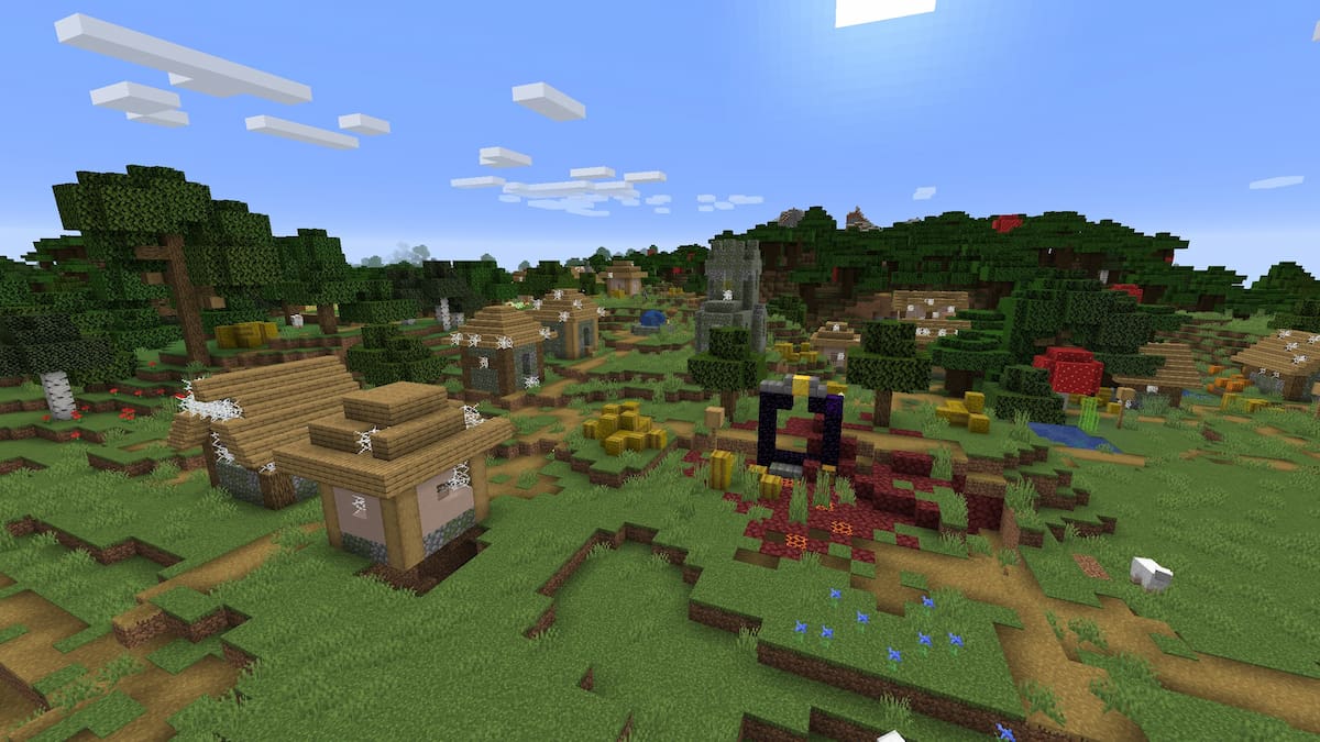 A Zombie Plains Village next to a ruined Nether portal in Minecraft