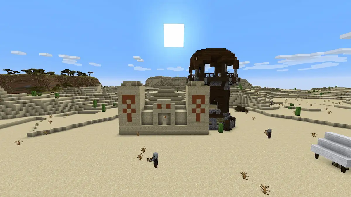 A Pillager Outpost built into the side of a Desert Temple in Minecraft