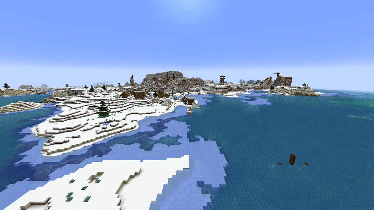 A snowy Minecraft biome with two villages, a shipwreck, and a Pillager Outpost