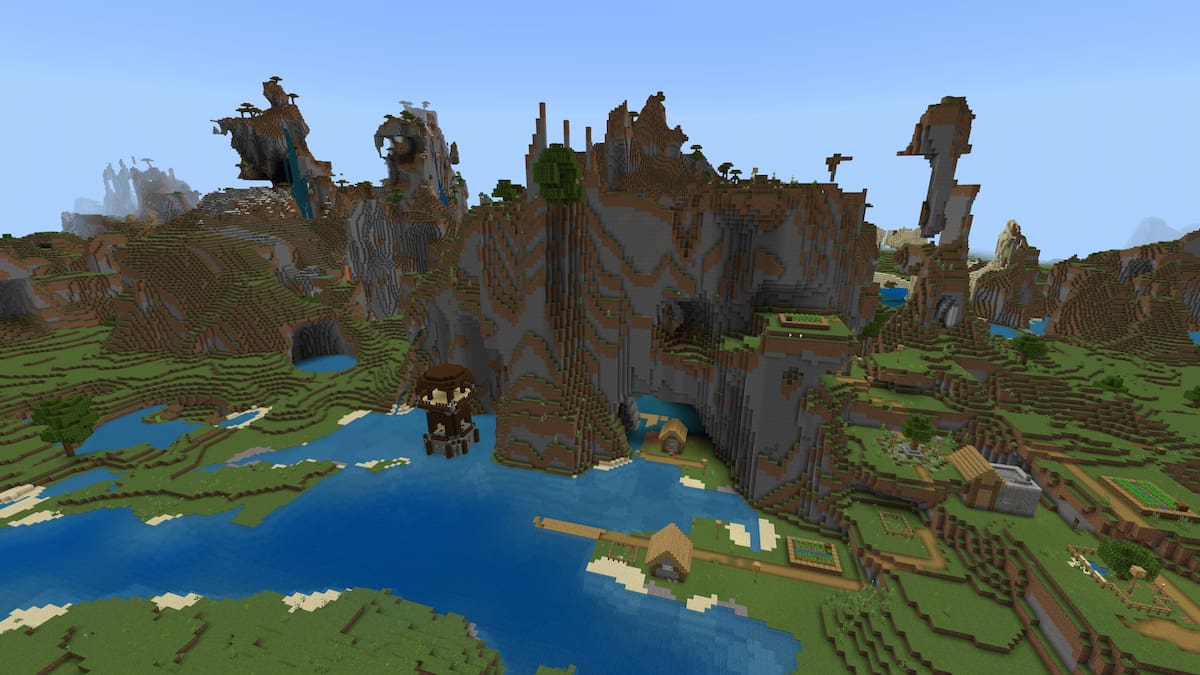 A Pillager Outpost and a Plains Village on a Windswept Savanna biome in Minecraft