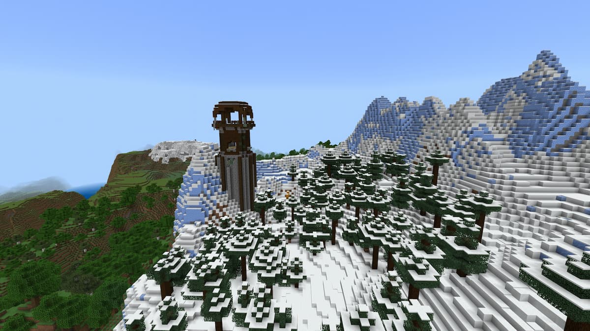 A tall Pillager Outpost on an Icy Peaks Minecraft mountain