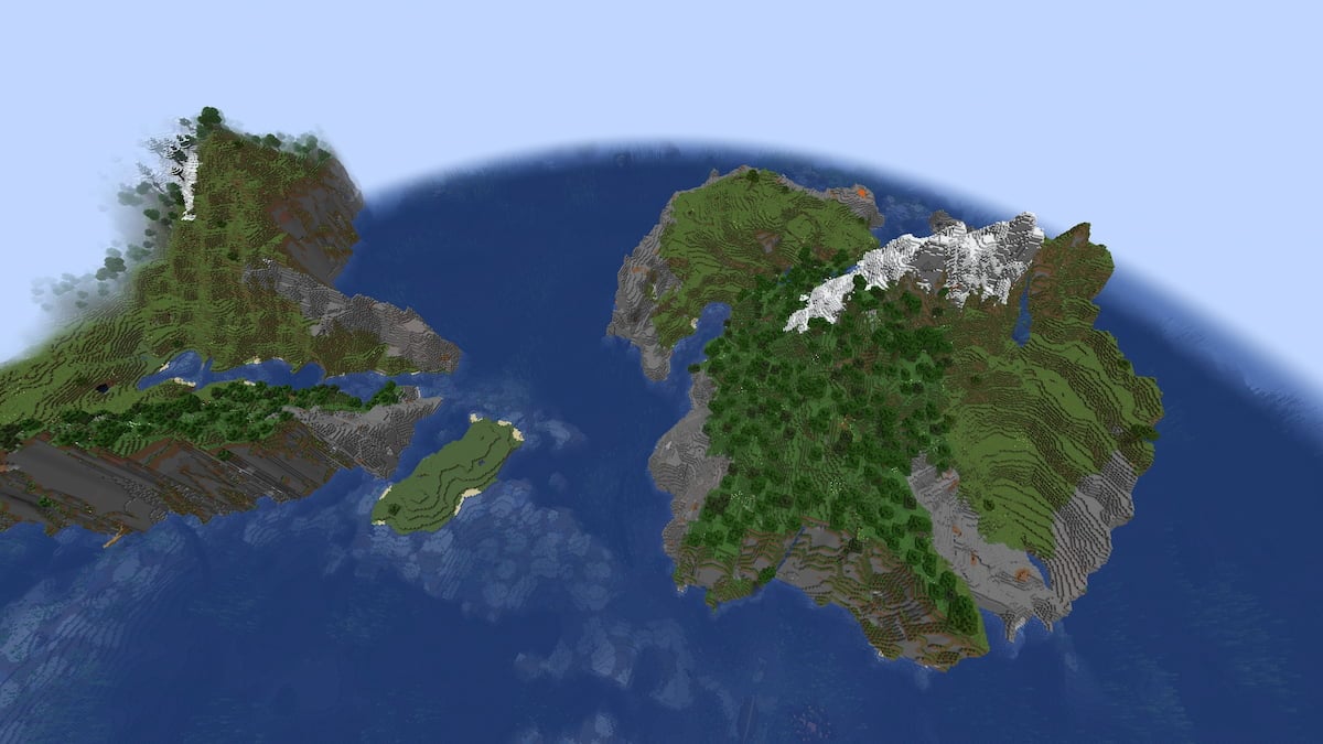 A Minecraft island with a large mountain next to a continent with sheer gravel cliffs