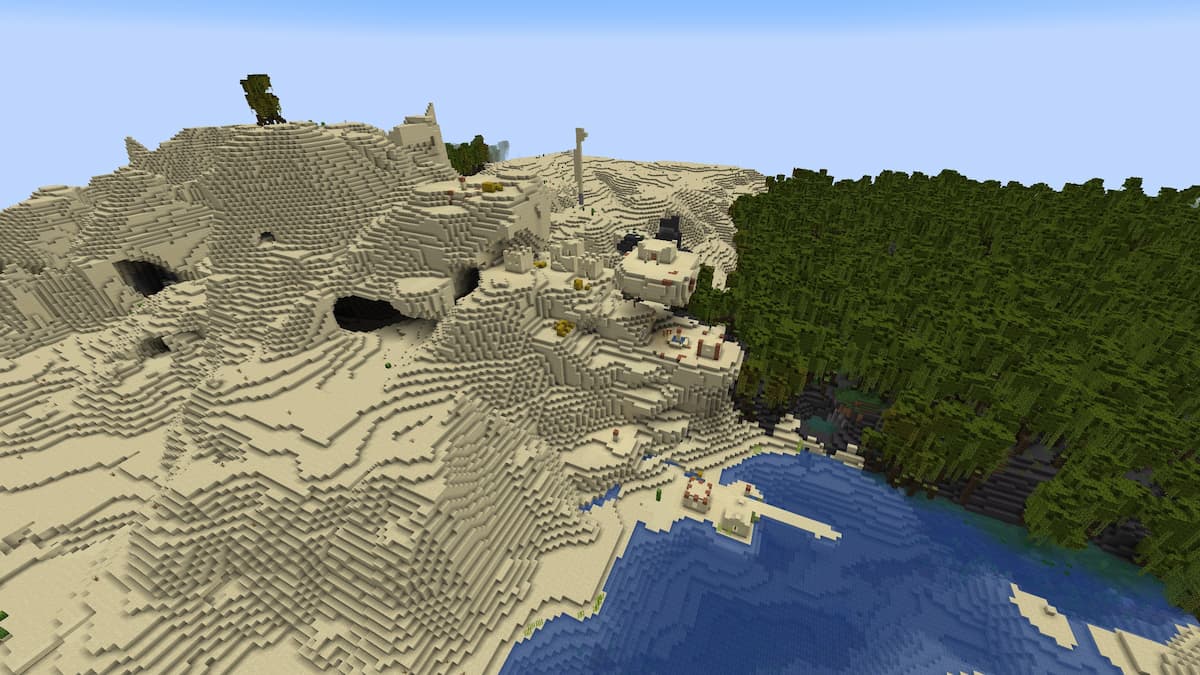 A Desert Village on a hill next to a Minecraft Mangrove Swamp