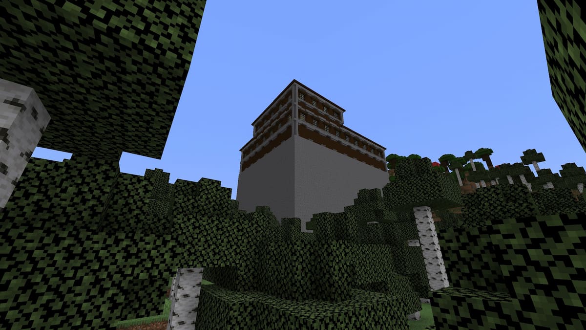 A giant Woodland Mansion towering over a Birch Forest in Minecraft