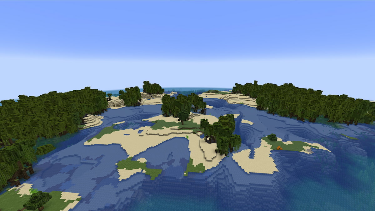 Patches of Mangrove Swamp biome on a Minecraft beach