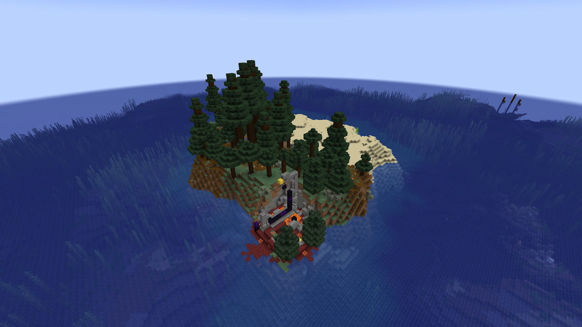 A Taiga and Beach island with a giant ruined portal in Minecraft