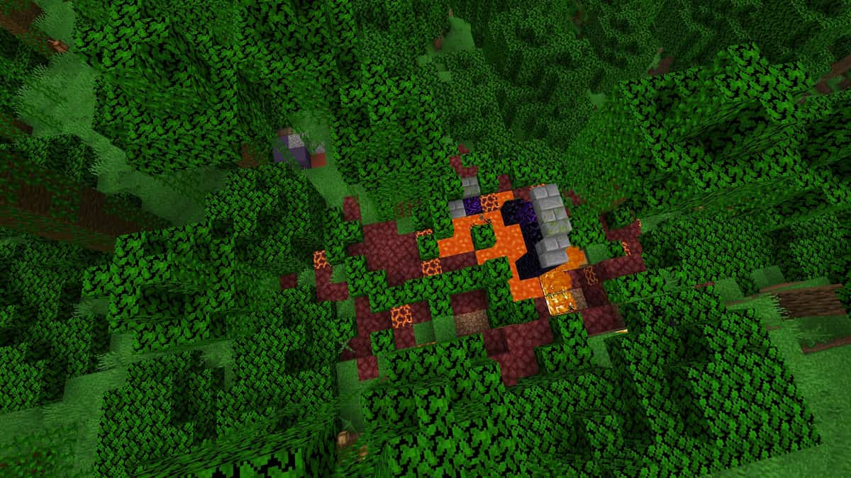 A ruined Nether Portal setting a Jungle on fire in Minecraft