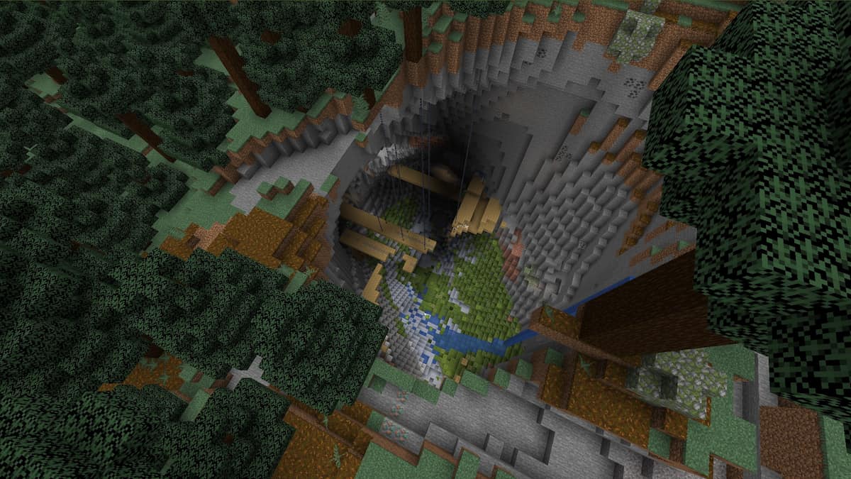 A large Lush Cave with a mineshaft in Minecraft