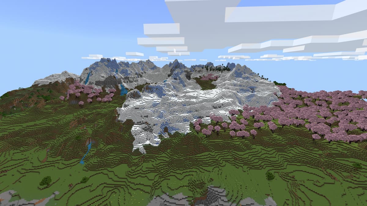 Two Cherry Grove biomes around a Snowy Slopes mountain in Minecraft