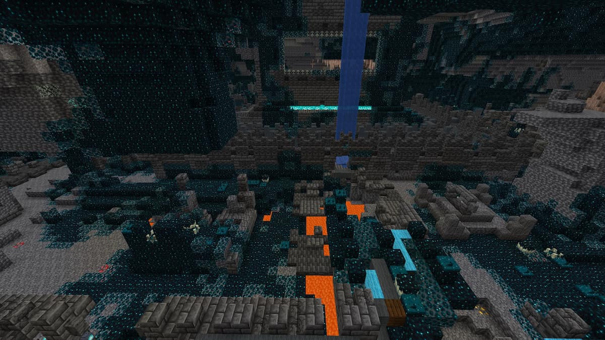 A Minecraft Ancient City with a pool of lava beneath it and a Dripstone Cave biome