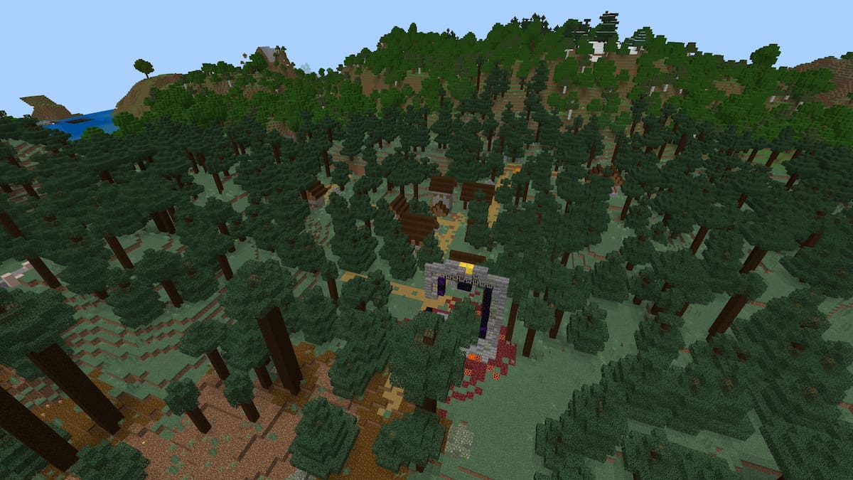 A Taiga Village with a giant ruined portal in Minecraft