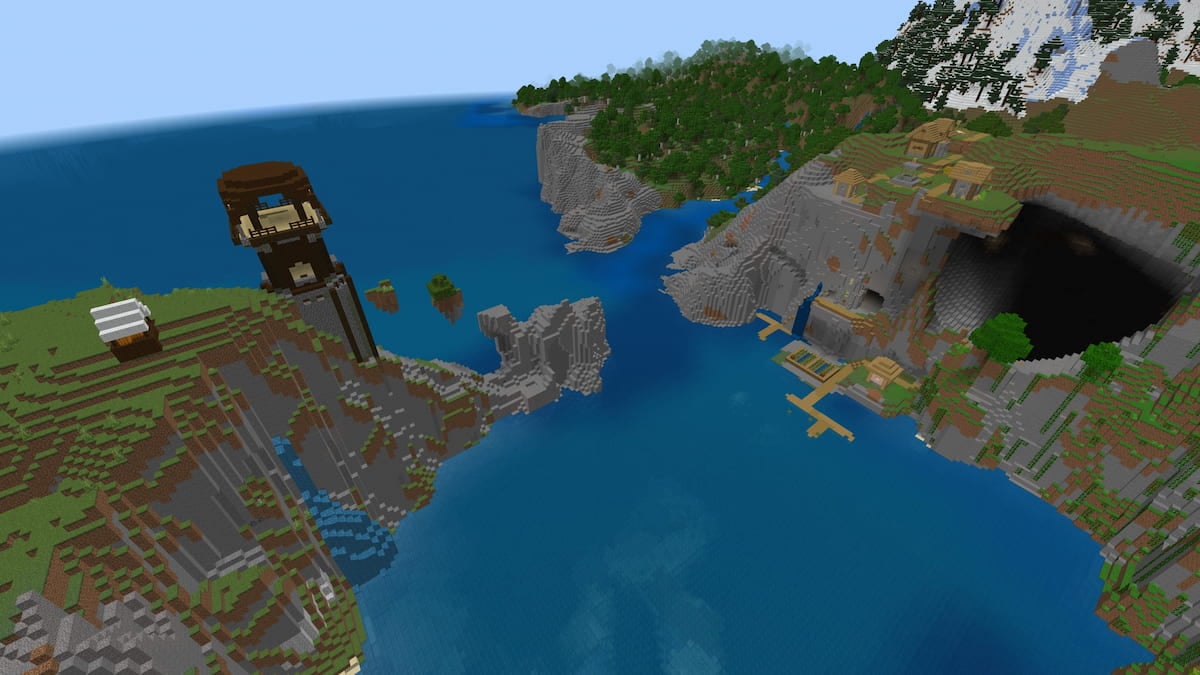 A tall Pillager Outpost and a Plains Village on the cliffs surrounding a Minecraft ocean