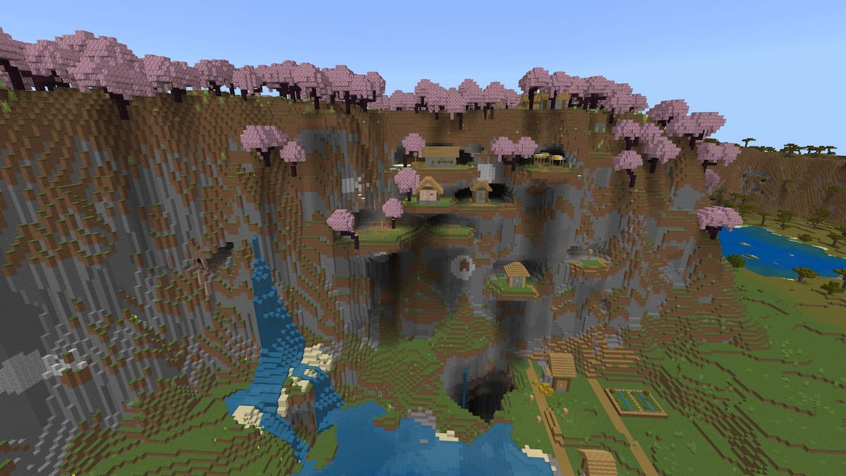 A Plains Village on a Cherry Grove cliff in Minecraft