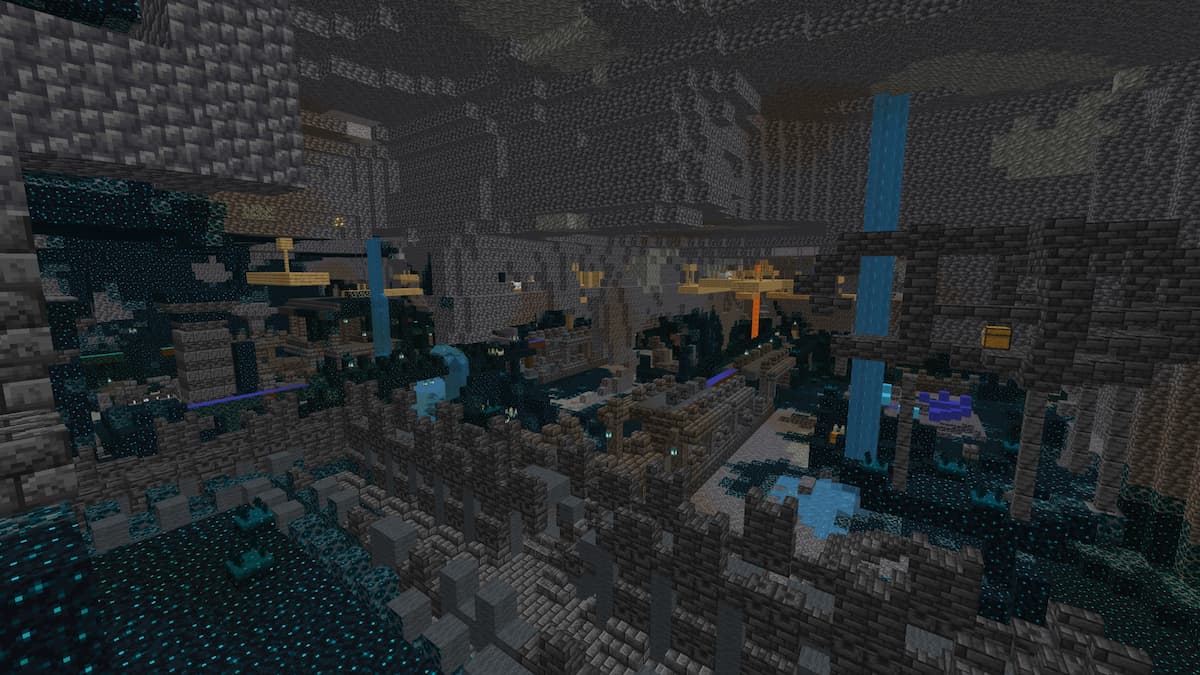 An Ancient City with a mineshaft in Minecraft