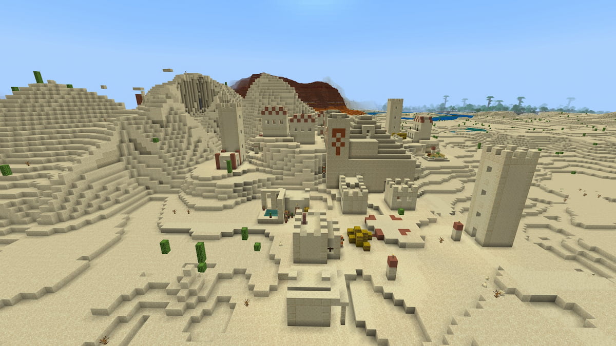 A Desert Village with a tall Desert Temple inside of its homes