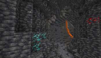 A Minecraft cave with diamonds in the wall
