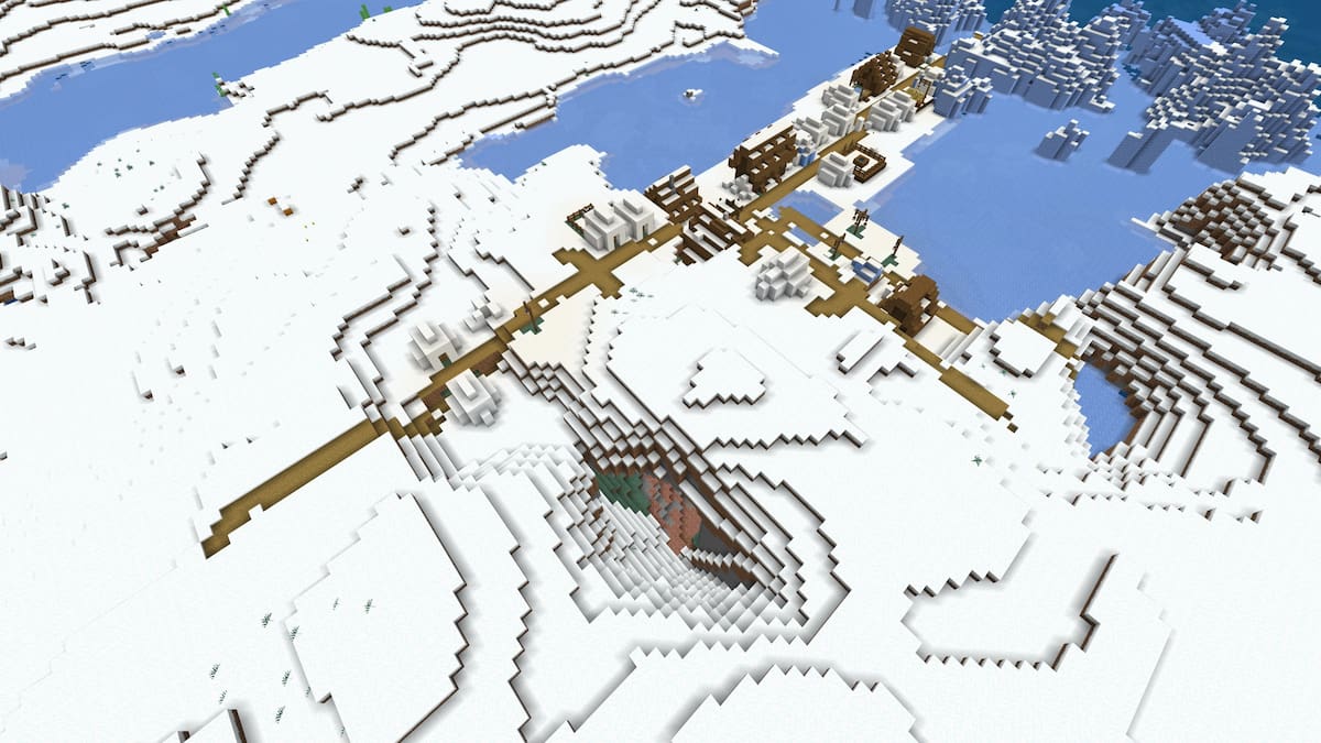 A Snowy Village next to a cave entrance in Minecraft