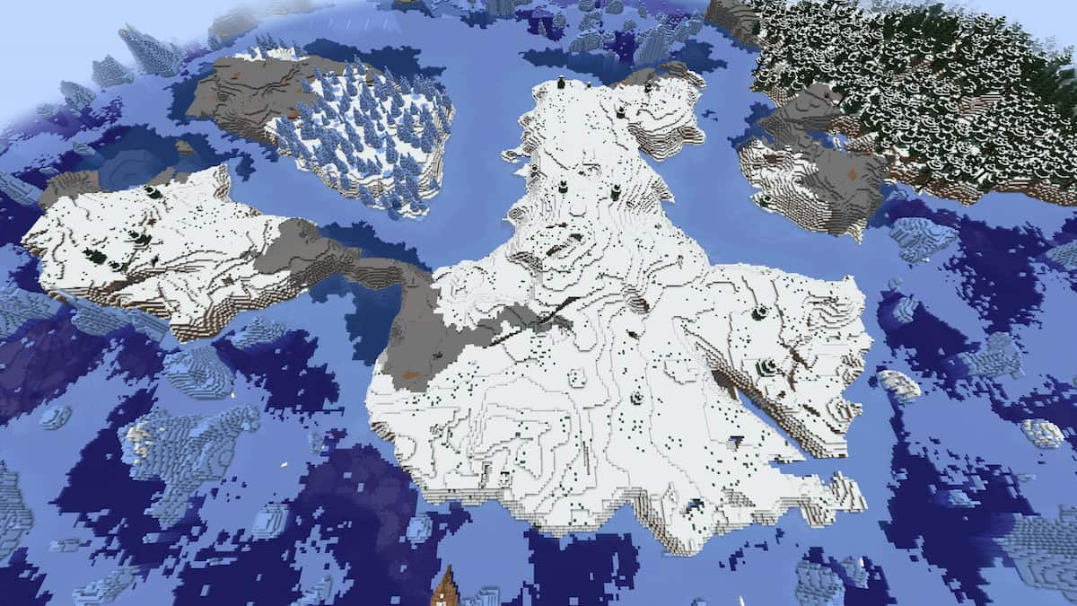 Three stony islands in a Minecraft Frozen Ocean