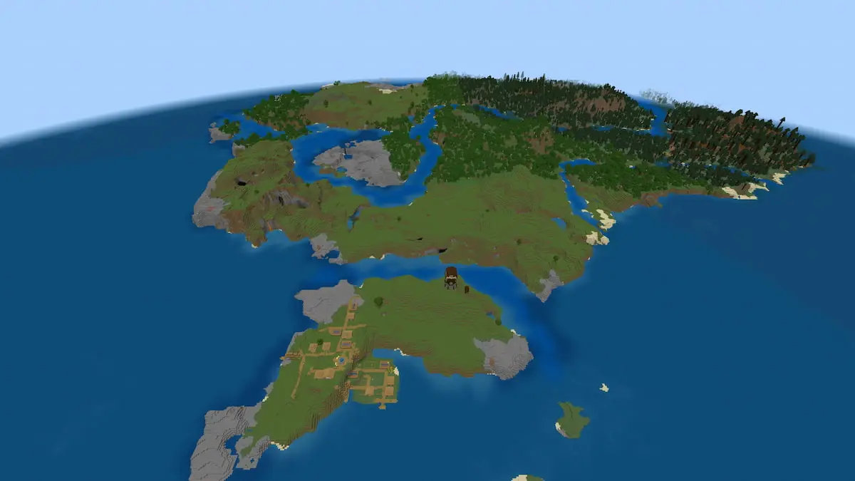 A large cluster of Minecraft islands with many different biomes