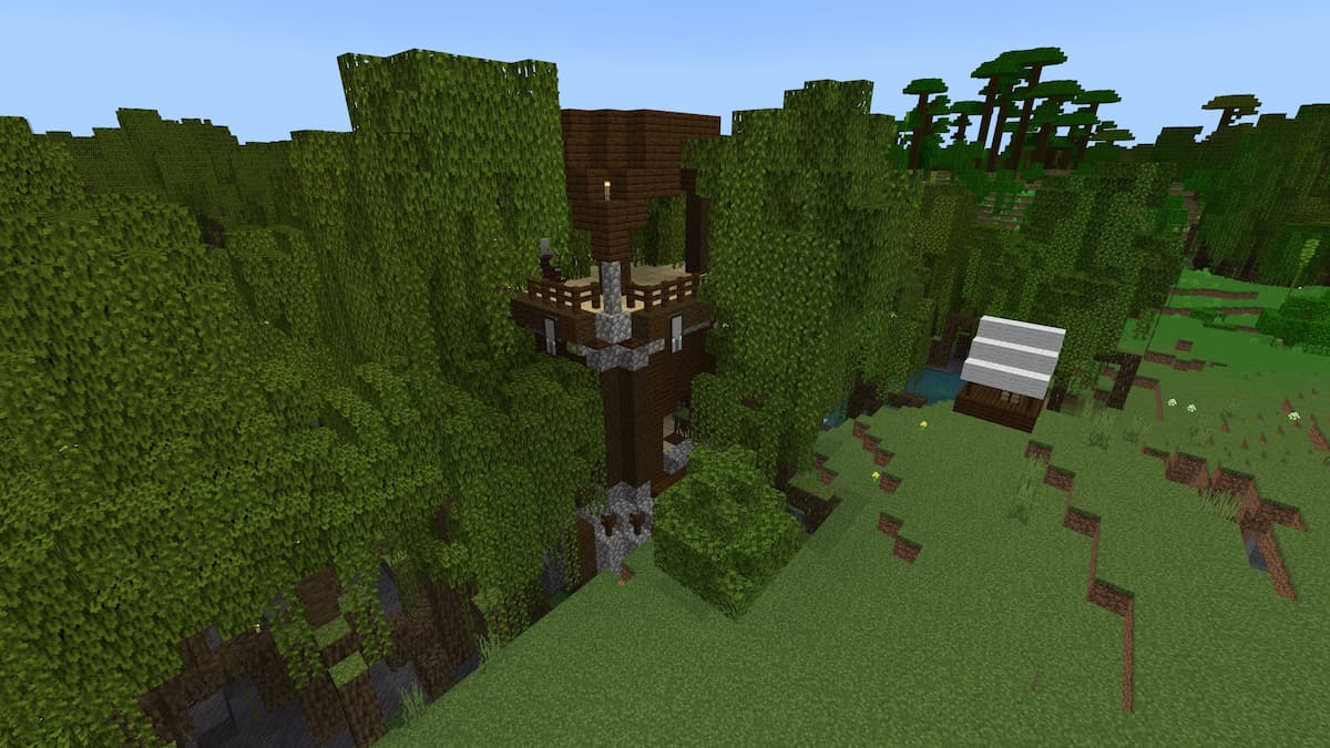 A Pillager Outpost in a Mangrove Swamp in Minecraft