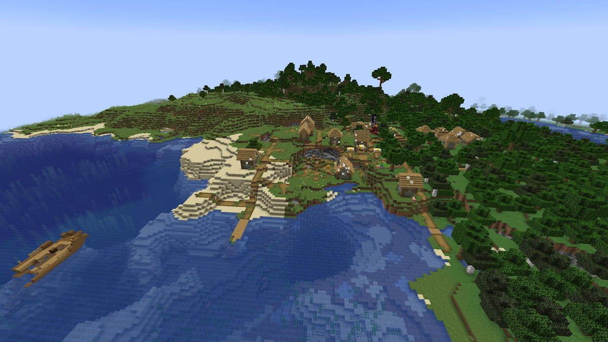 A Zombie Plains Village with a shipwreck and a ruined portal in Minecraft