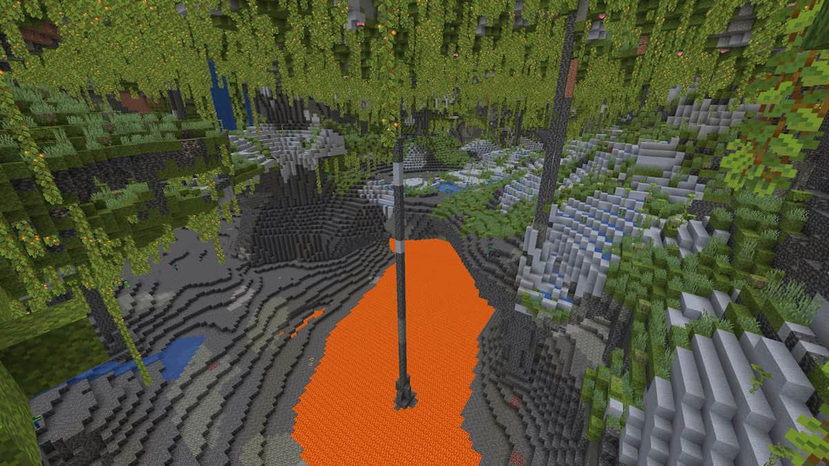 A large Lava Lake in a Minecraft Lush Cave