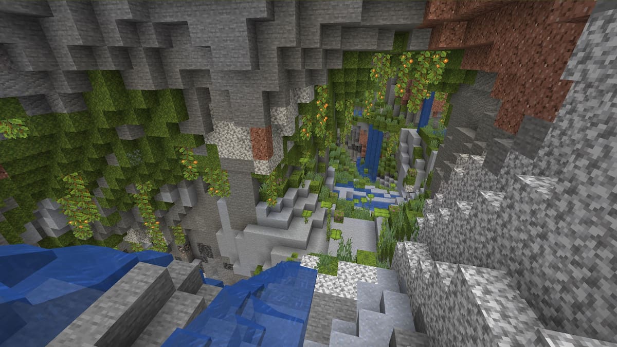 A Lush Cave with two tunnels in Minecraft