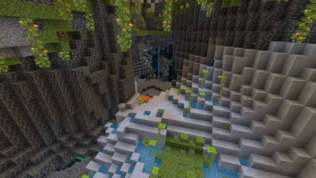 A Minecraft Lush Cave dropping into an Ancient City