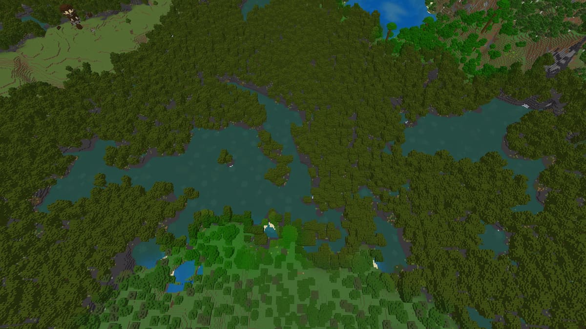 A giant Minecraft Mangrove Swamp with clay deposits in the water