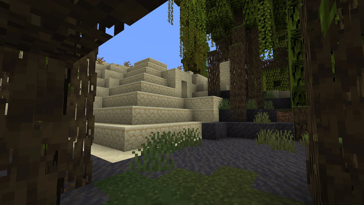 A Desert Temple entering a Mangrove Swamp in Minecraft