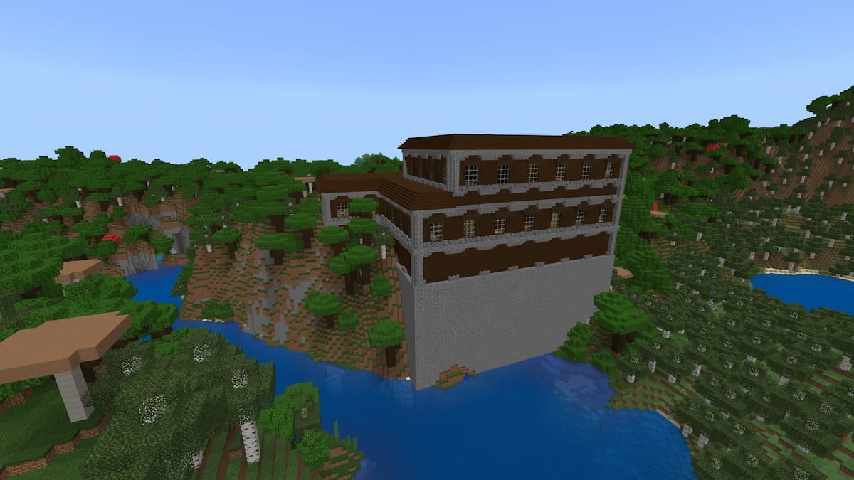 A Woodland Mansion inside of a cliff overlooking a river in Minecraft