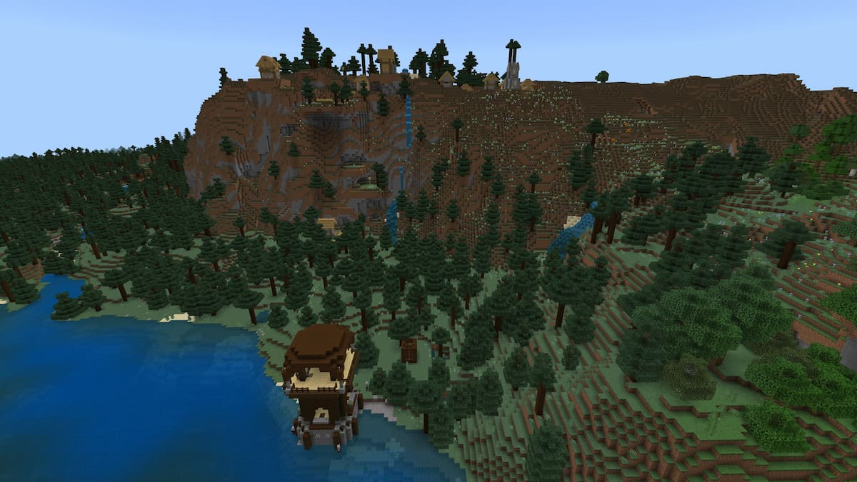 A Meadow Mountain with a Plains Village, a Pillager Outpost, and a Trail Ruins structure in Minecraft