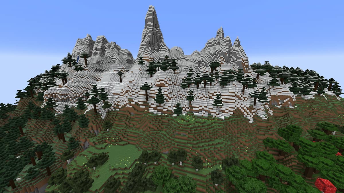 A Minecraft Meadow built around a mountain