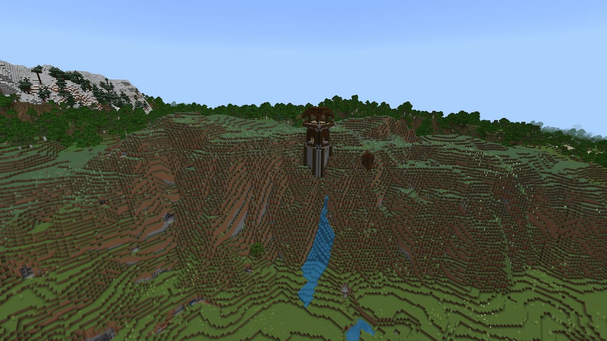 A Minecraft Meadow Mountain with a tall Pillager Outpost and a waterfall