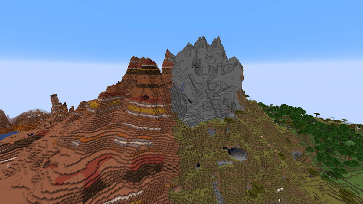 A Minecraft mountain that is half Badlands and half Savanna biome