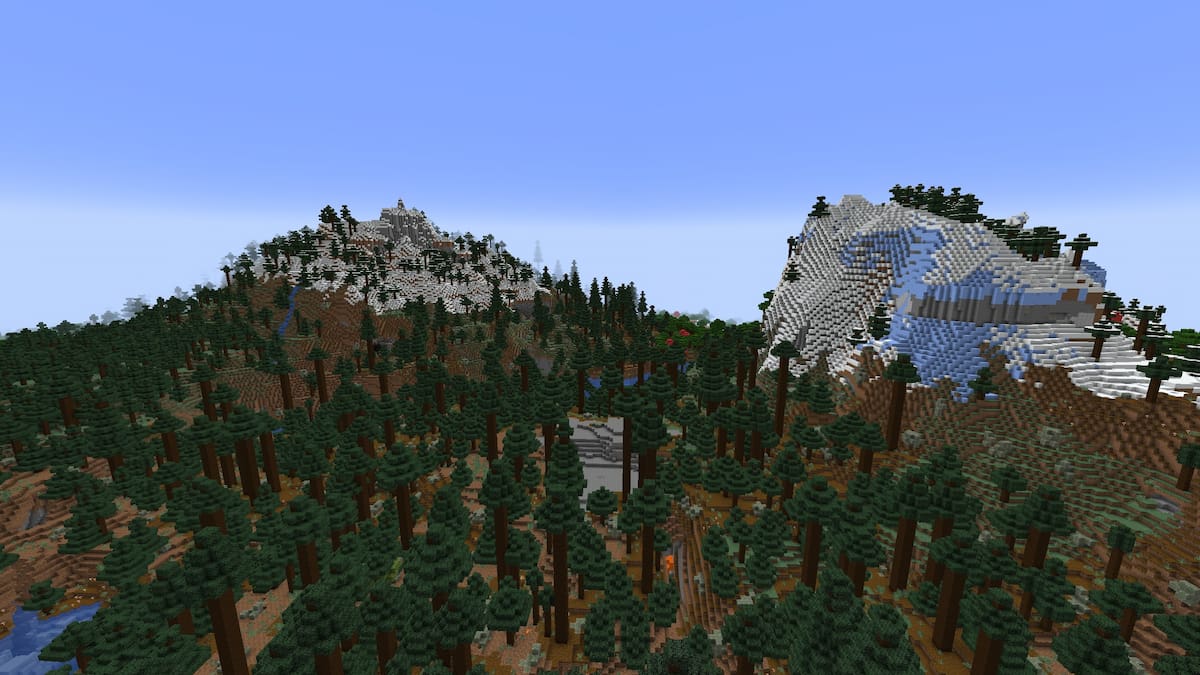 Two large mountains in a Minecraft Taiga biome