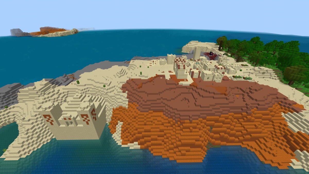 A Desert and Forest island with a Desert Temple, a Desert Village, and a ruined portal