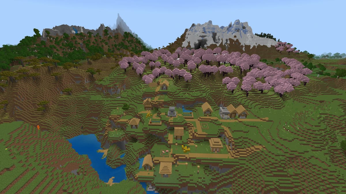 A Cherry Grove next to a Plains Village and two mountains in Minecraft