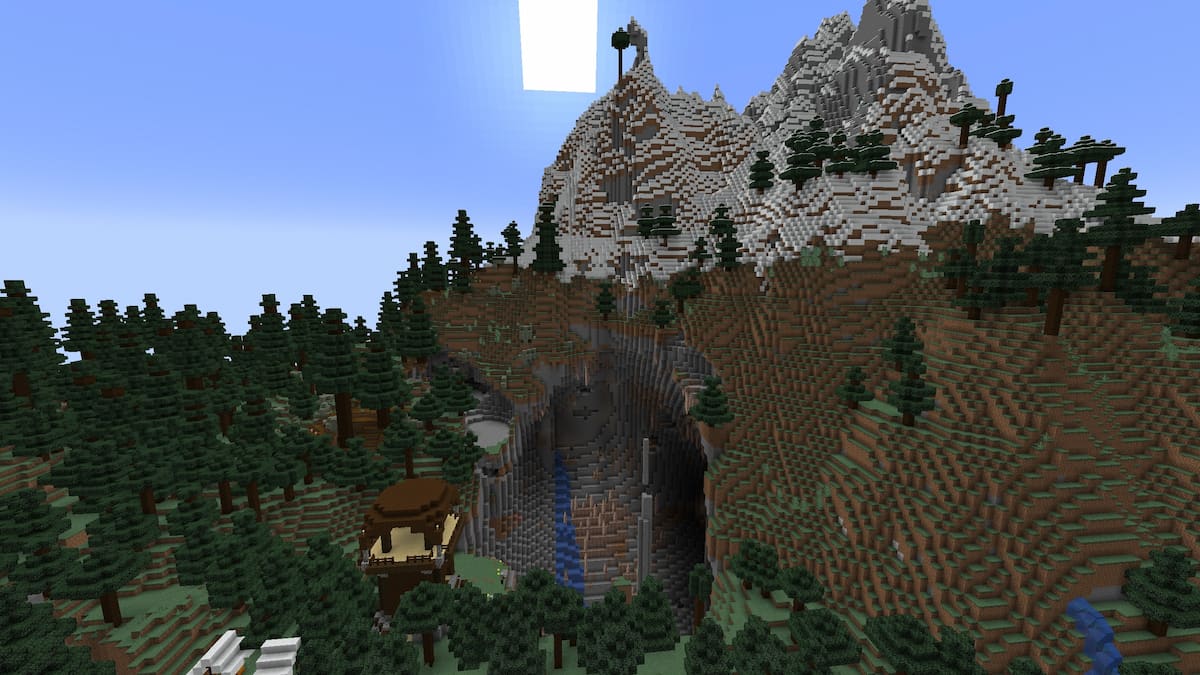 A Pillager Outpost next to a giant Dripstone Cave at the base of a mountain in Minecraft