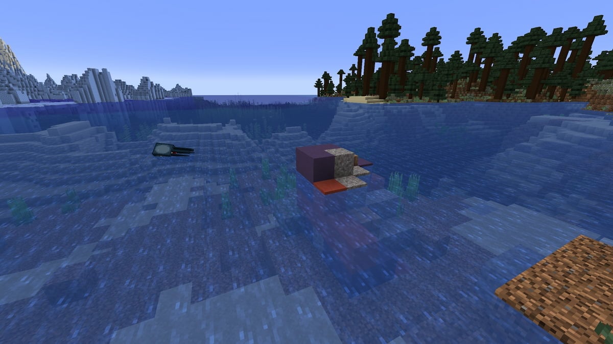 A set of Trail Ruins in a Minecraft Cold Ocean with squids