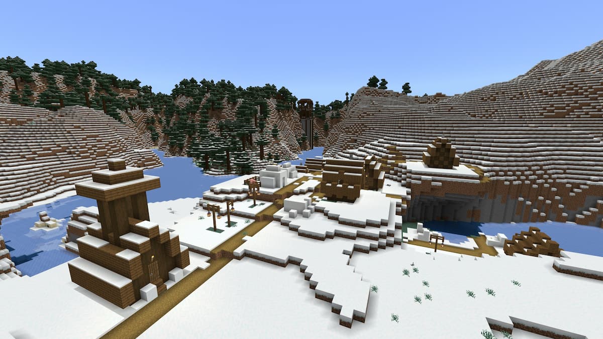 A Minecraft Snowy Village on a frozen river with a tall Pillager Outpost in the background