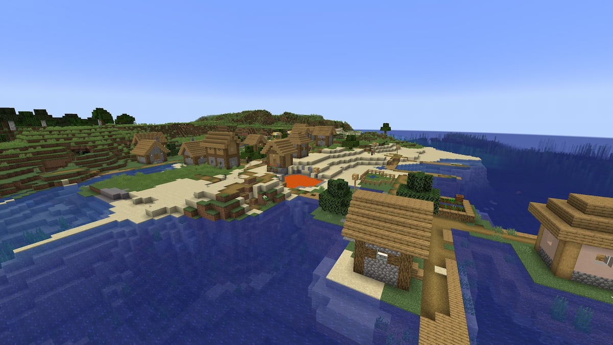 A Plains Village on the beach with a lava pond in Minecraft