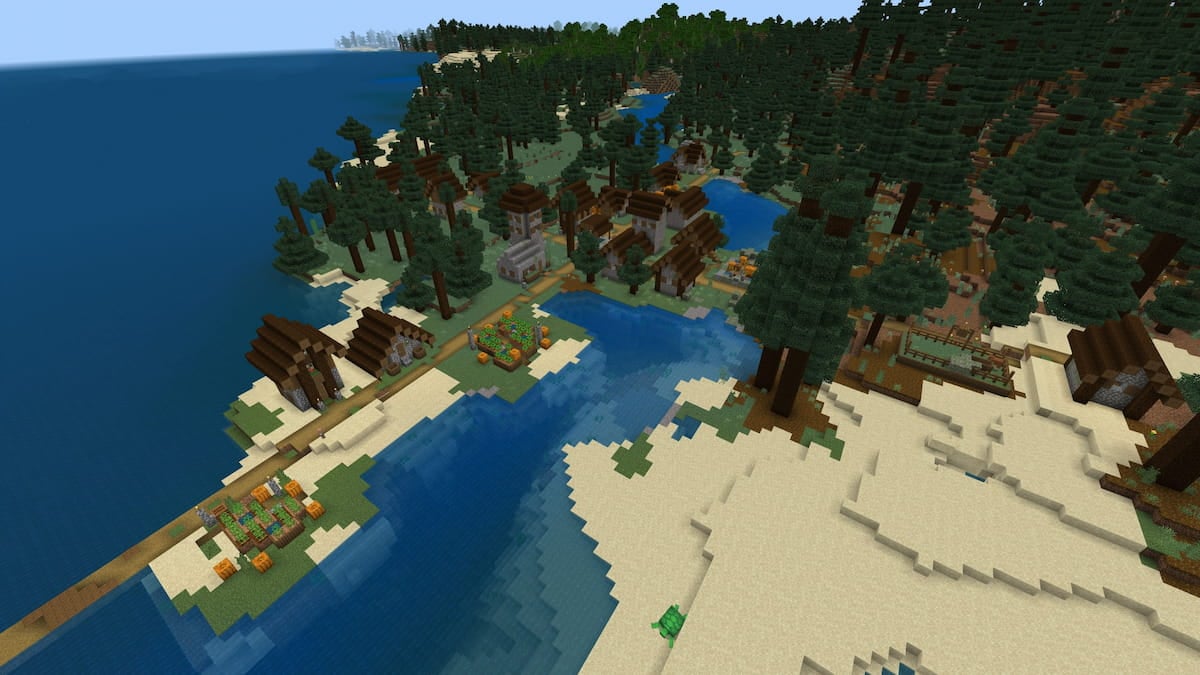 A Taiga Village covering in pumpkins next to a turtle-filled Beach biome in Minecraft