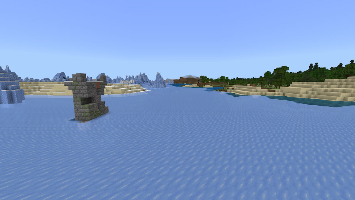 A floating Cold Ocean Ruin next to a Beach and a Snowy Beach in Minecraft