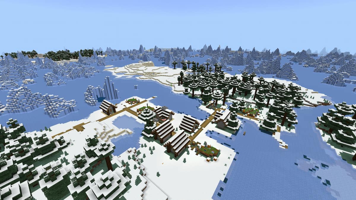 A Taiga Village on a Snowy Beach in Minecraft