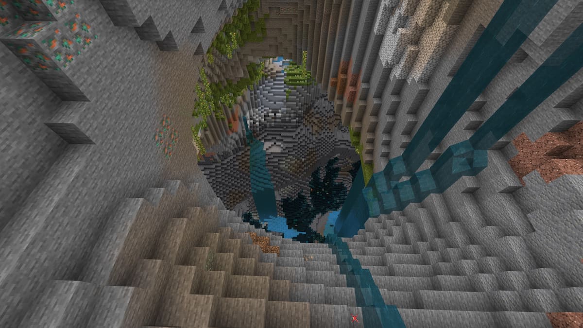 A Minecraft cave with Dripstone, Lush Cave, and Deep Dark biomes